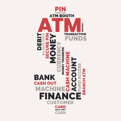 ATM Dollar Sign Word Cloud, Financial Banking ATM machine and transaction concept