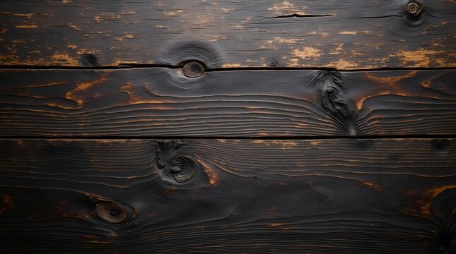 Close-up top-down view of a dark, distressed wooden surface with prominent grain and knot details, showcasing texture and character - Powered by Adobe