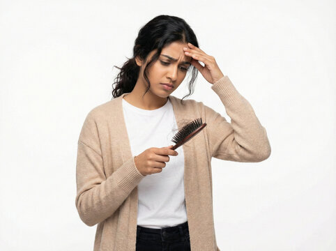 stressed young indian woman holding hair brush with visible hair fall isolated on white background representing stress hair loss and scalp health concern