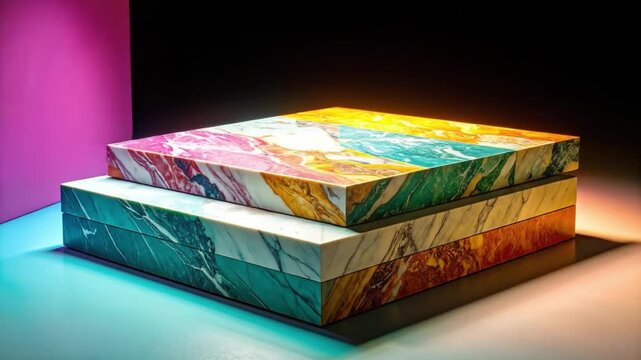 Abstract geometric marble block display with colorful light and shadows
