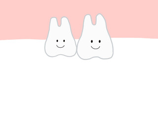 健康で元気な2本の上の歯：かわいいキャラクターのイラスト・主線あり