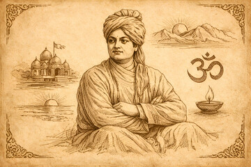 Fototapeta premium Swami Vivekananda Antique Sketch, Indian Spirituality, Religious Illustration