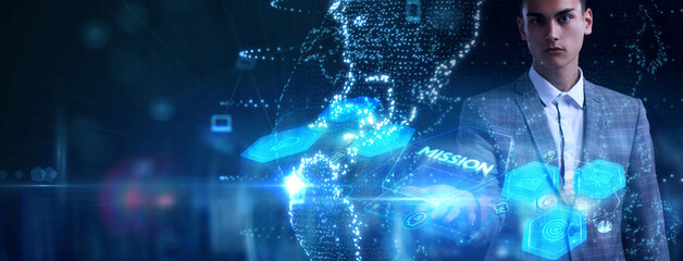 Mission concept. Financial success concept on virtual screen. Business, technology, internet and...