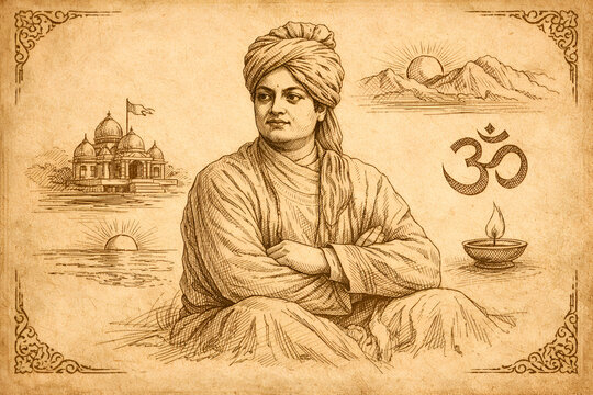 Swami Vivekananda Antique Sketch, Indian Spirituality, Religious Illustration