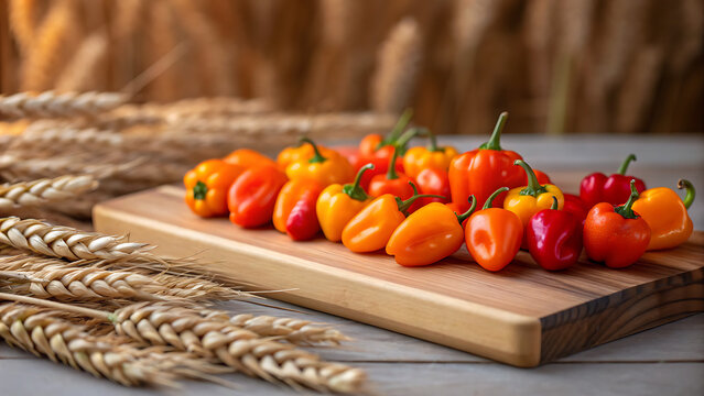 Vibrant mini peppers on rustic wooden board