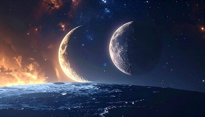 Two lunar bodies against a backdrop of starry celestial space