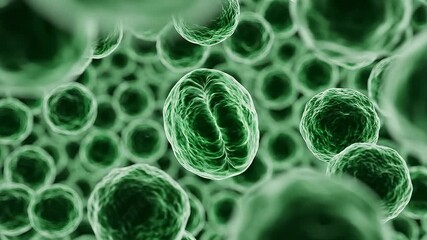 A mesmerizing microscopic visualization of vibrant green biological cells possibly representing bacteria or viruses actively multiplying and interacting within a complex cellular environment highligh. - Powered by Adobe