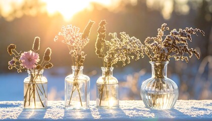 Winter Morning Light Illuminates Dried Flowers in Vases on Sparkling Snow
