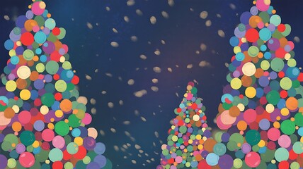 Whimsical Christmas Trees Made of Colorful Circles on Dark Blue Background