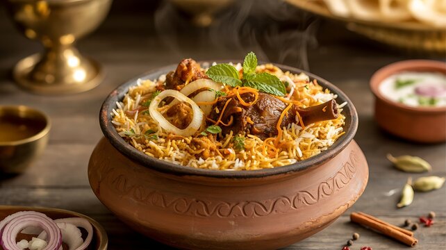 Authentic biryani served in a clay pot with aromatic spices and meat photo