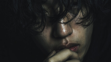 Obraz premium 男性が涙を流しながら不安を見せる