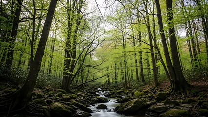 Fototapeta premium Serene forest stream flowing through lush green trees and mossy rocks in a tranquil forest landscape, captured from a serene viewpoint.