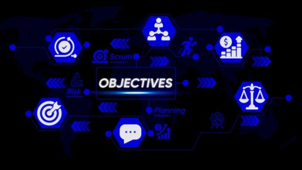 Fototapeta premium Blue business objectives infographic with white and text on black background
