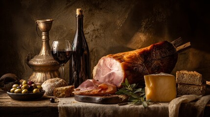 Still life composition with gourmet food, including cured meat, cheese, bread, wine, and olives, lit dramatically against a rustic background