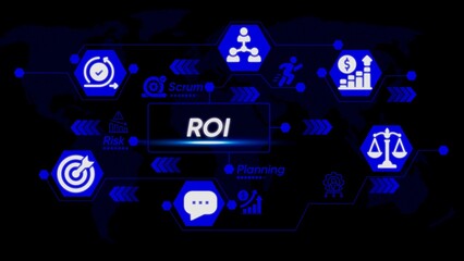 Fototapeta premium Blue R O I infographic with business strategy on black background finance