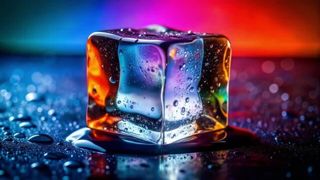 Abstract macro shot of a glowing colorful ice cube with water droplets