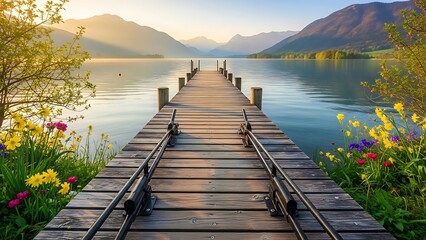 Serene lake scene with wooden dock and vibrant flowers at sunrise with mountains in the background view