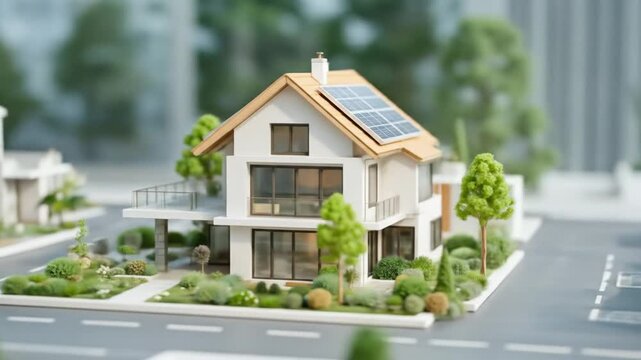 A miniature model of a modern house with solar panels highlights eco-friendly architecture and urban planning, showcasing sustainable living solutions for the real estate market. 4k video