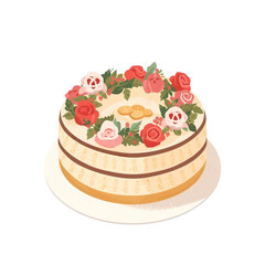 A multi-layered cake adorned with vibrant flowers on a clean white background from a slightly elevated viewpoint