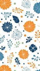 Seamless textile pattern showcasing captivating arrangement of orange and blue flowers ideal for design projects.