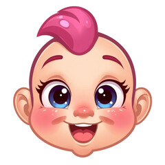 A cartoon baby's face with a pink mohawk and cheerful expression