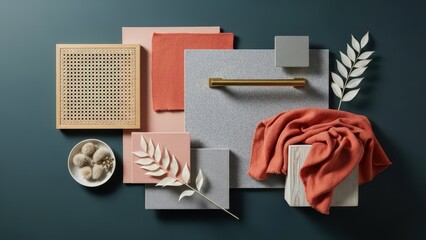 Modern interior design mood board featuring natural textures and warm coral tones