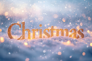 Golden Glitter Christmas Text in Snow with Blue Bokeh Background