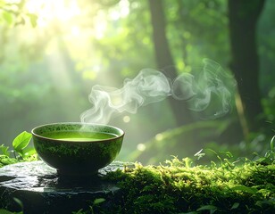 Steaming green drink in forest ambiance with light and foliage