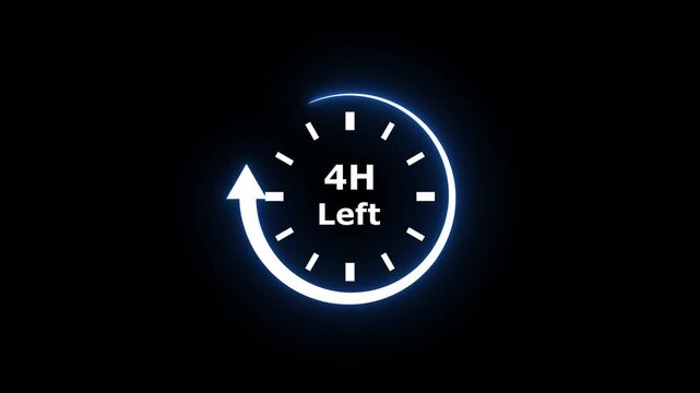 Countdown timer with 4 hours left neon clock on black background glowing