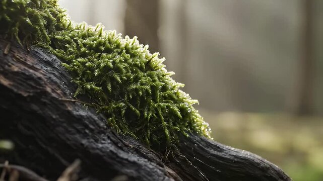 A detailed macro shot showcases vibrant green moss clinging to textured wood, shimmering with water droplets. Soft, atmospheric light illuminates the scene against a blurred natural background. This t