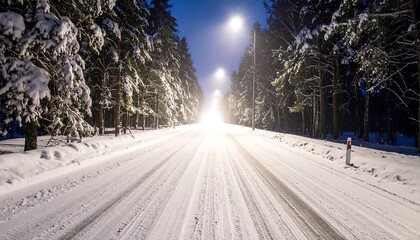 Winter Night Road Through Snowy Forest Illuminated by Bright Streetlights