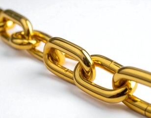 Fototapeta premium Macro shot capturing an elegant golden chain on a white backdrop, demonstrating its shiny and connected structure. Focus is sharp