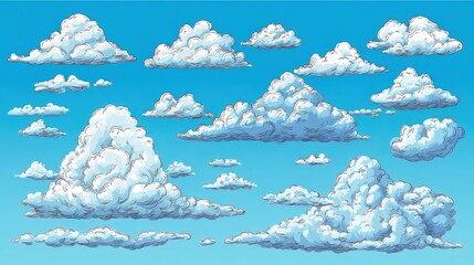 Pixel Art Style White Clouds in Light Blue Sky Pixelated Cumulus Clouds Detailed Digital Illustration Retro Gaming Aesthetics