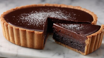 Delicious Chocolate Tart with Slice Removed on White Marble Background Garnished with Powdered Sugar in Natural Lighting Ready to Eat