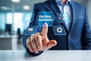 Businessman hand pushing a touchscreen button on a virtual display for internet technology communication and business success development