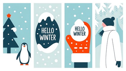 Winter Themed Illustrations with Penguin and Snow hello winter