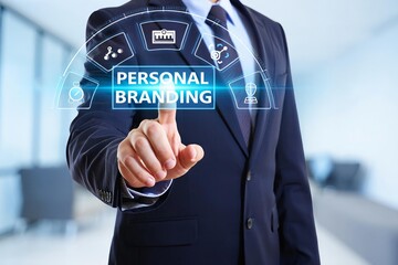 A businessman's hand uses a finger to touch and press a virtual button on a technology touchscreen display for business management and data communication success