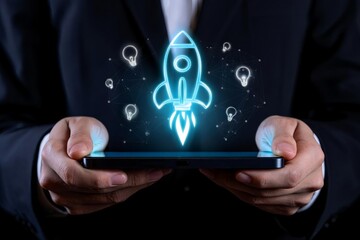 Businessman holding digital tablet with global social network and world map icons on screen representing mobile communication technology and internet connection concept