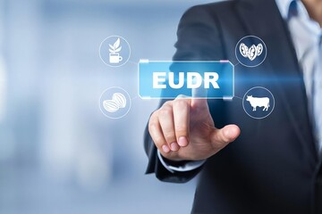 A businessman's hand touches a digital social network icon on a virtual touchscreen button, representing a modern technology solution for global communication and innovative business management