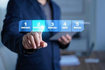 A businessman's hand uses a finger to touch a digital button on a virtual screen, representing a successful technology communication concept for the future of network data and internet web connectivit