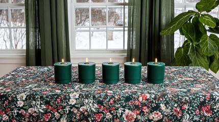 Green Candles Arranged on a Floral Tablecloth with Snow Visible Through Window and Indoor Plant Accents Festive Winter Scene