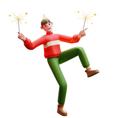 3d Illustration of Male Character Celebrating New Year With Sparklers