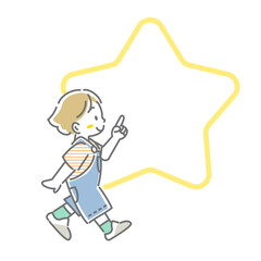 こどもと星形のフレーム　かわいくてお洒落な線画イラスト
