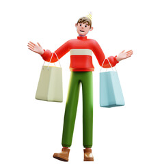 3d Illustration of Male Character Holding Multiple Shopping Bags