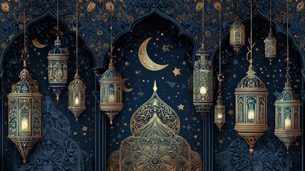 Ornate Lanterns Moon and Mosque Silhouette Against Navy Blue Background for Islamic Holiday