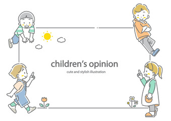 かわいい小学生の子供たちのフレーム　お洒落でかわいい線画イラスト