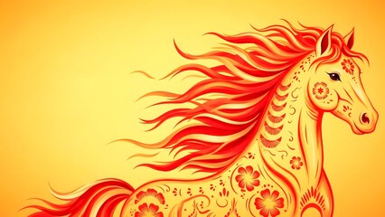 Decorative Red Orange Horse with Floral Patterns on Yellow Background
