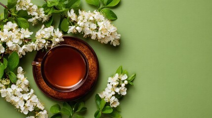 Overhead View of Dark Tea in a Brown Cup with White Blossoms on Green Background