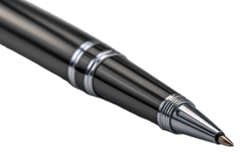 A detailed macro photograph capturing the sleek design of a black pen with polished chrome accents