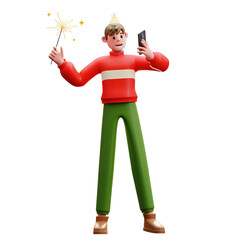 3d Illustration of Male Character Holding Sparkler Taking Selfie New Year